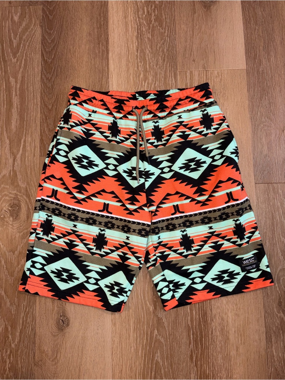 WeSC Men’s Small Sweat Shorts Aztec Southwestern Tribal Print Orange Mint Black